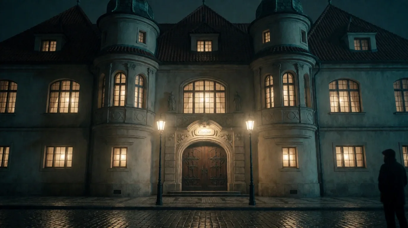Noční pohled na historický vstup do Grand Lobby X v centru Prahy, mokrá dlažba a tlumené mosazné světlo