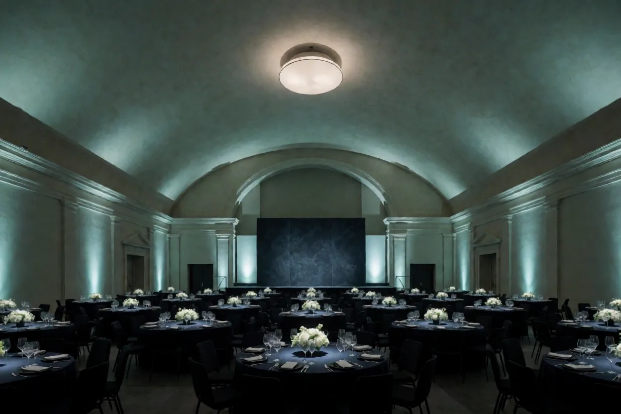 Široký záběr na osvětlený hlavní sál Grand Lobby X s připravenými kulatými stoly pro korporátní gala večer